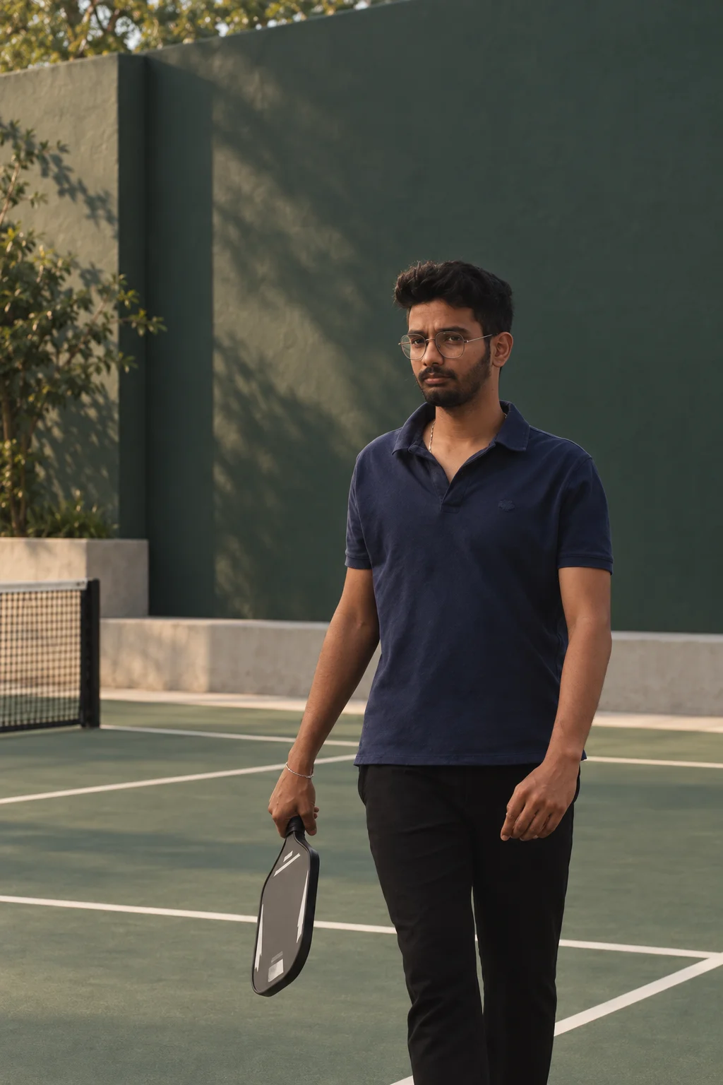 Editorial portrait of Ashiesh holding a paddle on a quiet green court